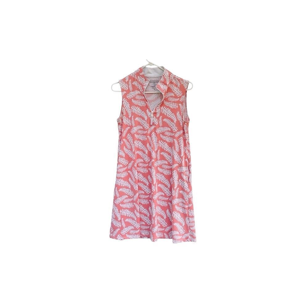 Duffield Lane Leland Gal Golf Dress Medium Coral White Fern Print Sleeveless Qua